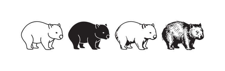 Fototapeta premium Four styles of a cute wombat icon, from simple outline to detailed sketch, representing Australian wildlife