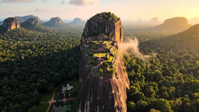 Ancient fortress ruins atop a dramatic rock monolith surrounded by lush green jungle landscape