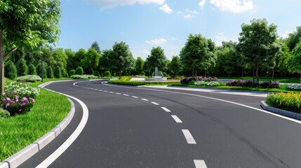 Fototapeta premium Serene Curved Roadway Surrounded by Lush Greenery and Vibrant Flower Beds in a Beautiful Park Setting