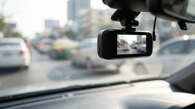 Modern dashboard camera mounted on car windshield recording blurred city traffic. Concept of road safety, vehicle video surveillance and insurance evidence.