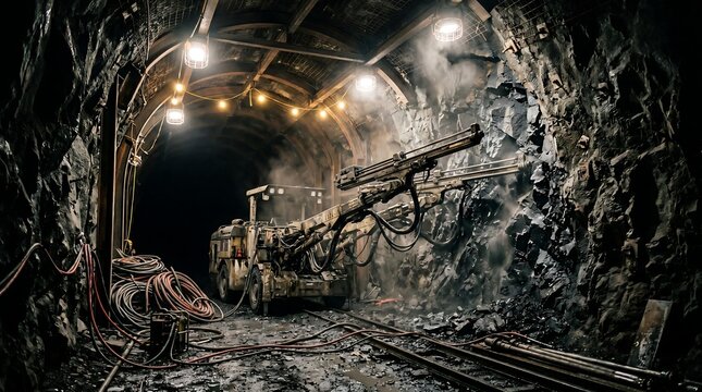 Dimly lit mine tunnel with cables and machinery