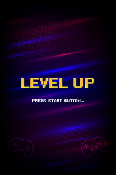 level up. pixel art 8 bit. Retro Futurism Sci-Fi Background. glowing neon grid. and stars from vintage arcade computer games. Vertical Backgrounds