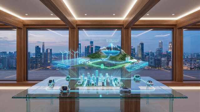 Integrated renewable energy hologram explains how offshore wind pumped hydro storage hydrogen and green ammonia power a sustainable smart city with electric mobility network