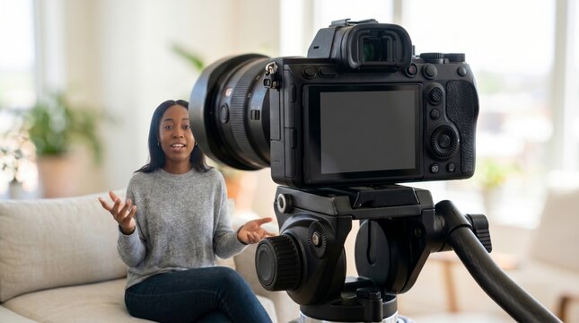 Professional camera on tripod recording a video blog. Blurred young African American woman speaking in the background. Content creation and vlogging concept.