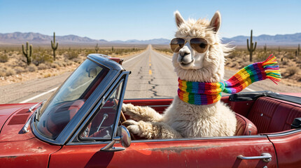 Naklejka premium Fluffy White Alpaca Wearing Oversized Aviator Sunglasses and a Colorful Knitted Scarf Driving a Vintage Red Convertible 
