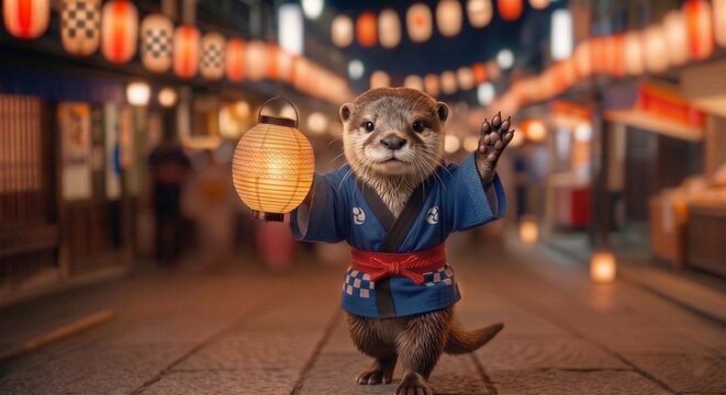 A cute short-clawed otter happily dancing in a blue Happi coat at a traditional Japanese summer festival, holding a paper lantern, portrait, generative AI