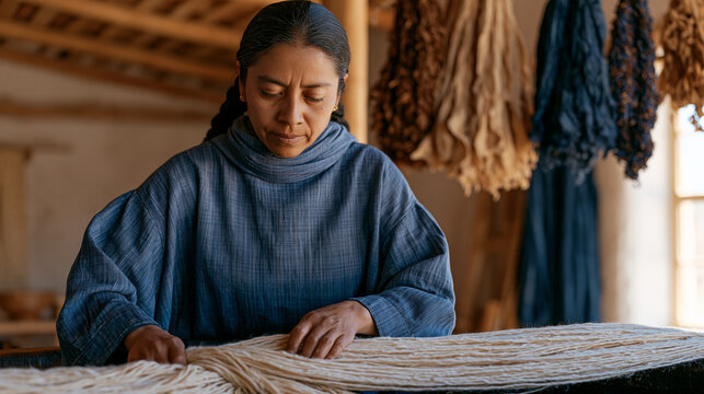 Natural dye specialist in a sunlit Oaxacan studio stirring skeins of wool in an indigo vat, bundles of dried cochineal and plant bark hanging from raftered ceiling, textile craft fiber arts artisana