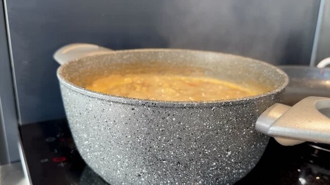 Boiling Pot of Steaming Lentil Soup on Induction Cooktop for Meal Prep Concept