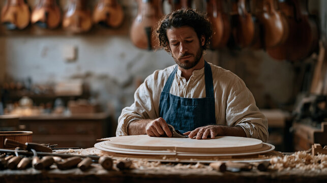 Luthier in a Bologna violin workshop shaping a spruce soundboard with a finger plane, completed instruments hanging above a bench scattered with carving gouges and hide glue, handmade instrument cra