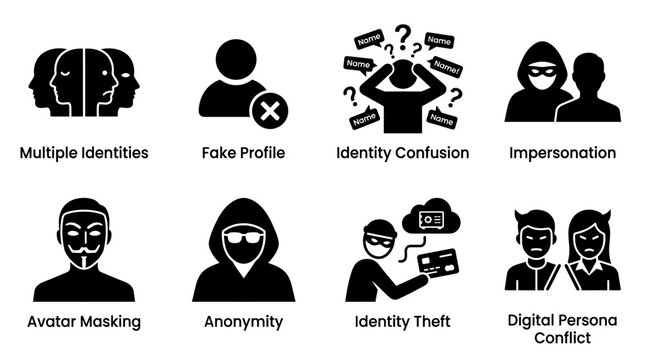 Digital Identity and Online Persona Icons | Eight Silhouettes Representing Privacy, Anonymity, and Cyber Impersonation