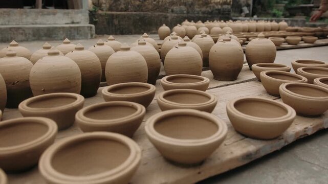 Handcrafted clay pottery drying in rows at a workshop before being fired in a kiln, traditional pottery village in vietnam