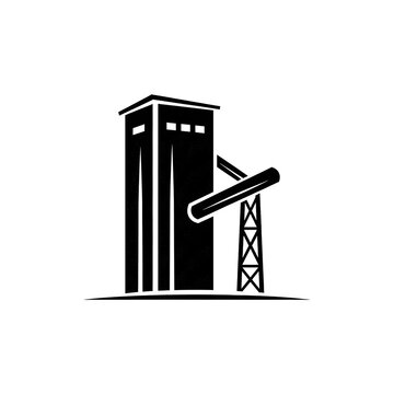 Industrial mining headframe silhouette, mine shaft tower icon, coal mining facility structure, heavy industry building, mining infrastructure design element, vector illustration