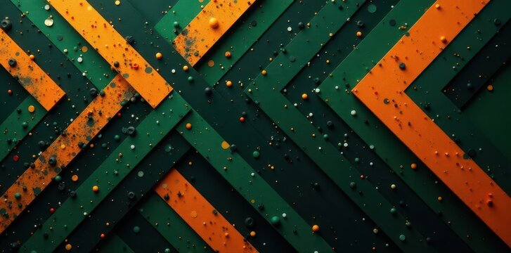 Bold diamond and stripe motifs, deep green, black, and orange hues , detail shot, black