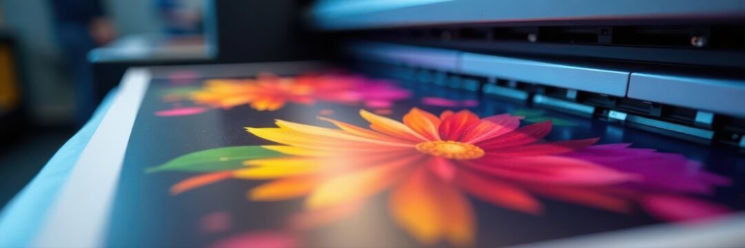 Close-up of large format printhead during operation , printing industry, printing process