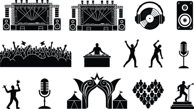 Music festival elements showcase concert stages, DJs, crowds, and audio equipment in a comprehensive set of silhouettes.
