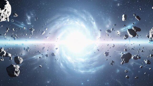 Cosmic asteroid field swirling around a bright celestial vortex in deep space 4k video