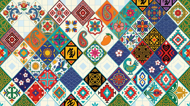 Colorful Diamond Patchwork Quilt Pattern with Traditional Textile Art.