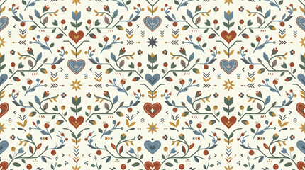 Intricate floral pattern with vines, leaves and hearts on vintage textile design. © izzstudio