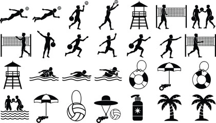 Obraz premium Sports icons illustrate beach activities, volleyball matches, and summer leisure equipment symbols.