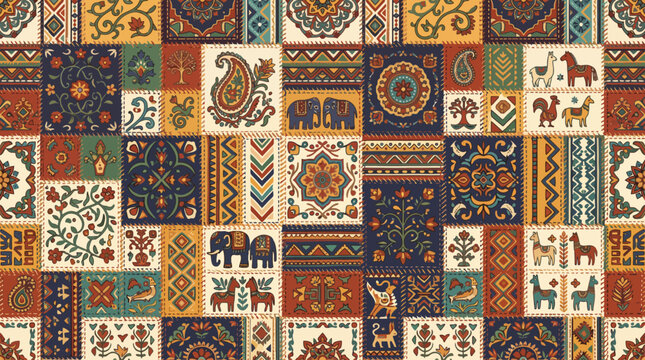 Colorful collage of rug tiles with elephants and intricate motifs in vibrant geometric patterns.