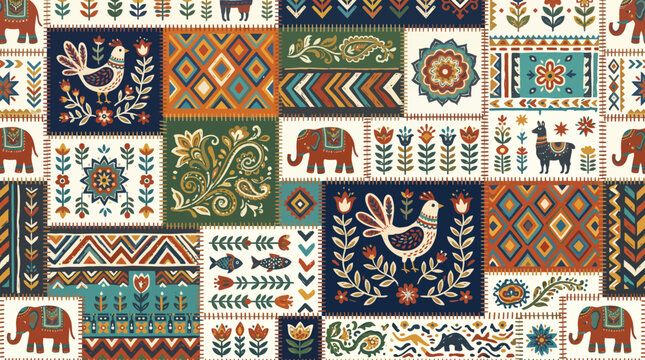 Colorful tribal textile pattern featuring elephants birds and geometric motifs in a decorative patchwork design.