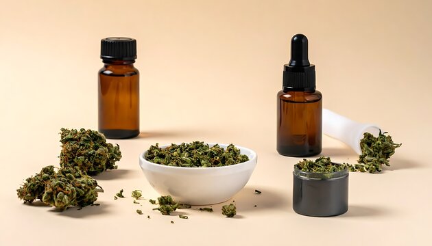 A still life of cannabis products and buds