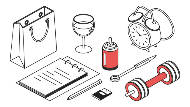 Vector illustration of various everyday lifestyle objects including alarm clock dumbbell and notebook