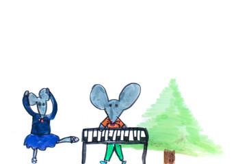 Child drawing of dancing mice and piano player