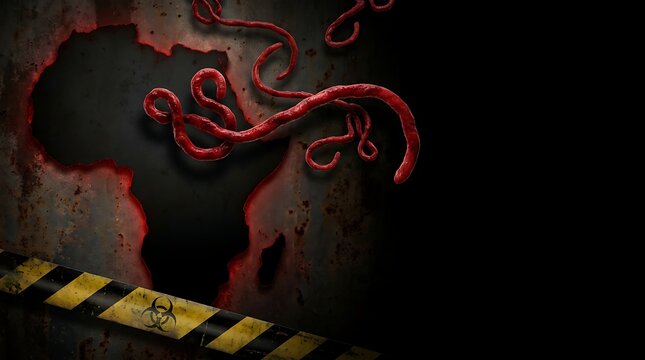 Abstract rendering of ebola virus and biohazard warning tape symbolizing deadly infectious disease outbreak danger and global health crisis threat in dark background.