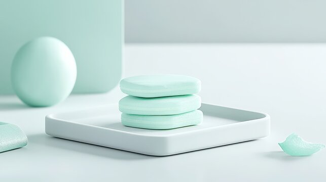 Three oval shaped mint green cleansing bars stacked neatly on a white dish with smooth spherical objects in soft focus background.