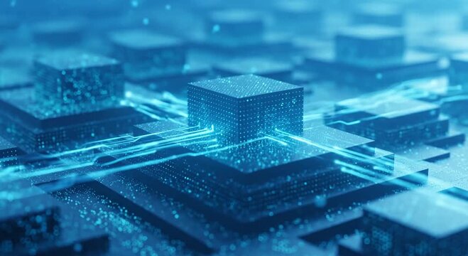 Blue glowing futuristic microchip processor and digital circuit board architecture.