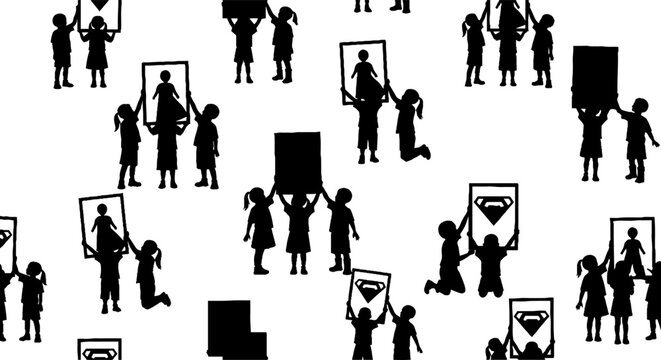 Silhouette figures holding various signs and objects together.