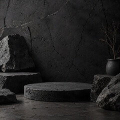 Fototapeta premium Black stone product display mockup background, elegant black modern backdrop