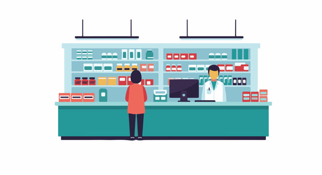 Pharmacy interior with customer and pharmacist at counter