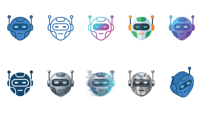 Various styles of mechanical robot head icons displayed in a clean and organized grid layout