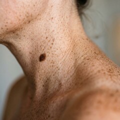 Fototapeta premium Closeup of a womans neck with freckles and a prominent mole, showing skin texture and sun damage