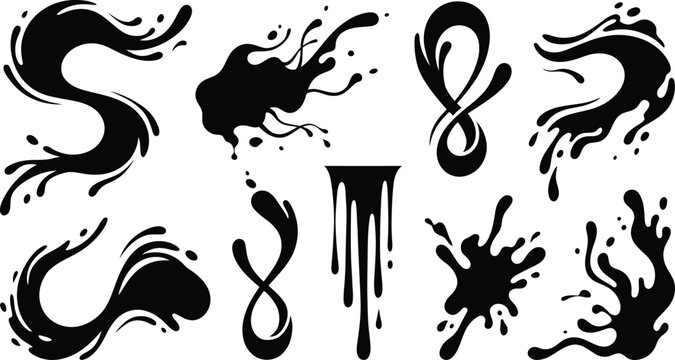 black abstract shapes including liquid ink splashes, messy paint splatters, flowing fluid swooshes, and grunge drips.