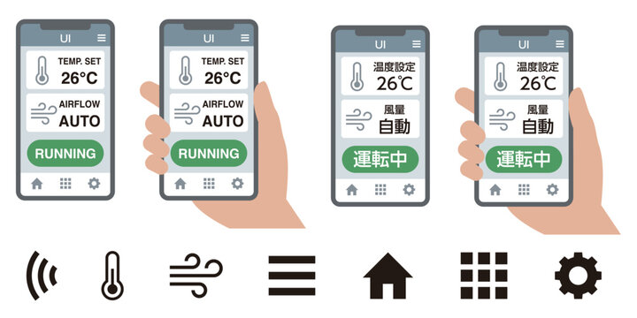 Set of mobile app icons and ui for air conditioner