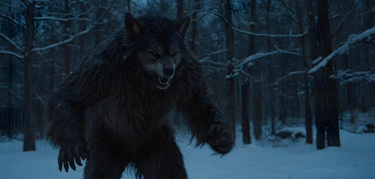 werewolf  in a dark forest at night , spooky urban legend, cryptozoology character,	