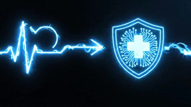 Animated blue shields with ecg heartbeat lines evolving to green checkmark on black background