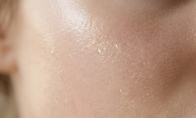 Fototapeta premium Close up of human skin texture with clear serum or gel drops