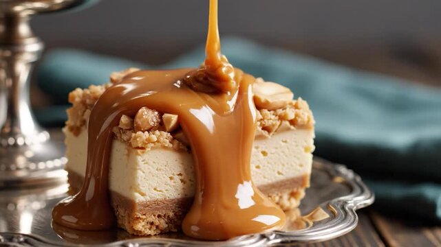 Caramel sauce pouring over a peanut cheesecake bar on a silver platter in a rustic setting