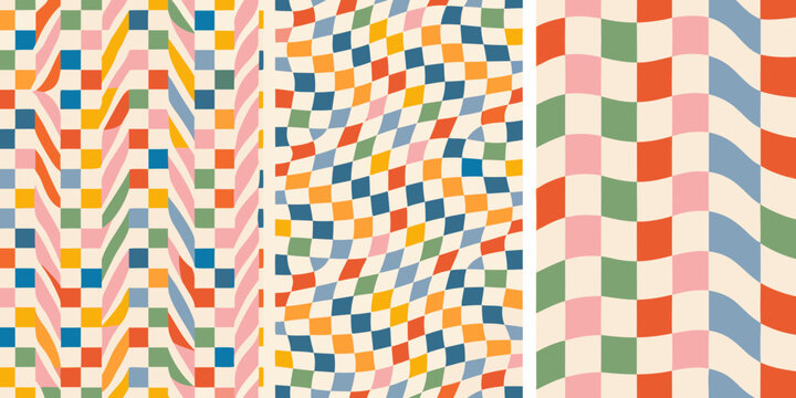 wavy checkerboard patterns vector pattern triptych abstract