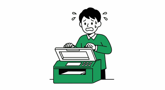 Frustrated man dealing with malfunctioning office printer device.