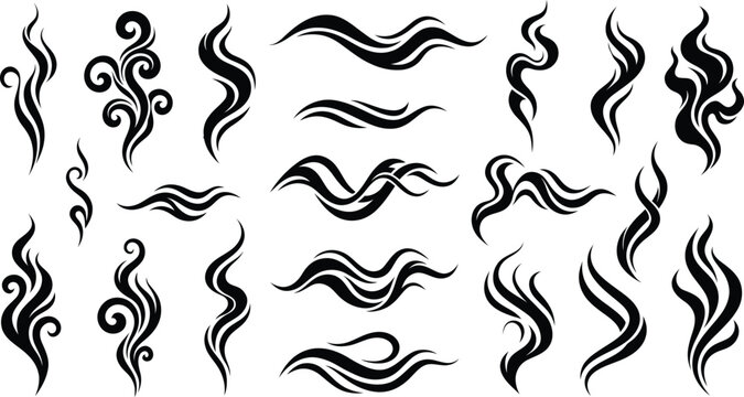 Vector set of black silhouette smoke and steam icons features abstract swirling lines, flowing vapor shapes, and aroma scent curves isolated on a white background for design.