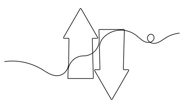 Continuous one line modern arrow pointing up and down sign icon single art drawing on white background minimal strategy solution symbol 4k animation video