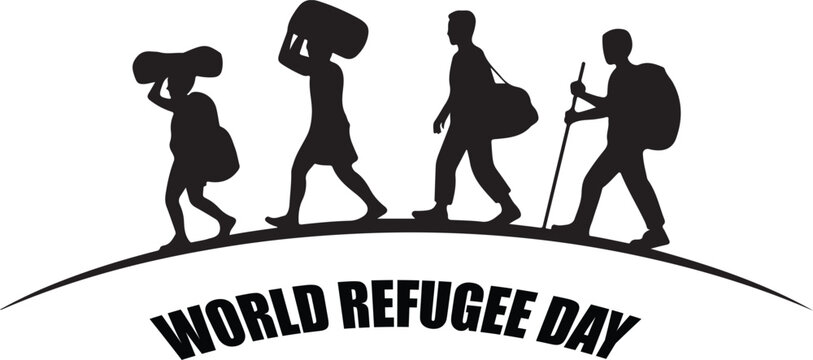 World refugee day conceptual design featuring silhouettes of displaced people walking with packs across a horizon