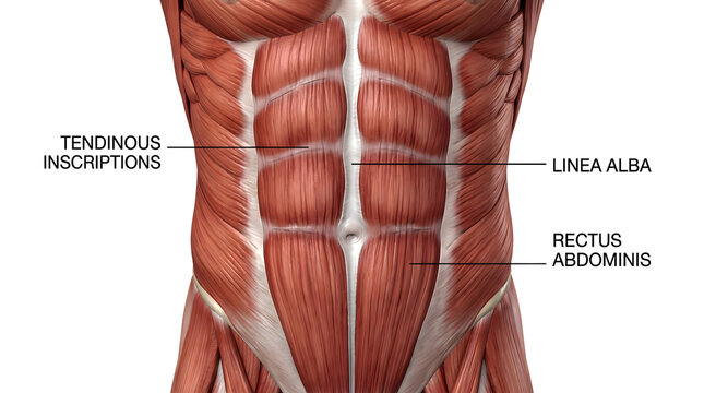 Anatomical illustration of the human abdominal muscles, highlighting the rectus abdominis, tendinous inscriptions, and linea alba