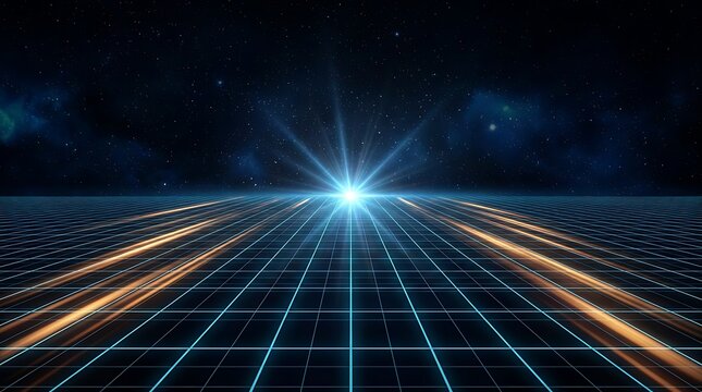 Perspective grid floor in deep space with glowing stars and nebulae, bright central light source creates abstract digital journey feeling.