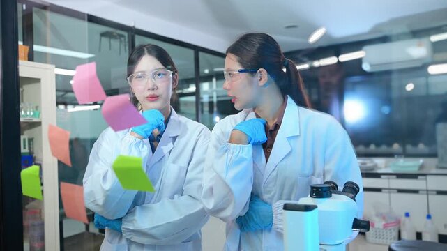 Two female Asian scientists in lab coats discussing research data and planning experiments with sticky notes on a glass board in the laboratory.